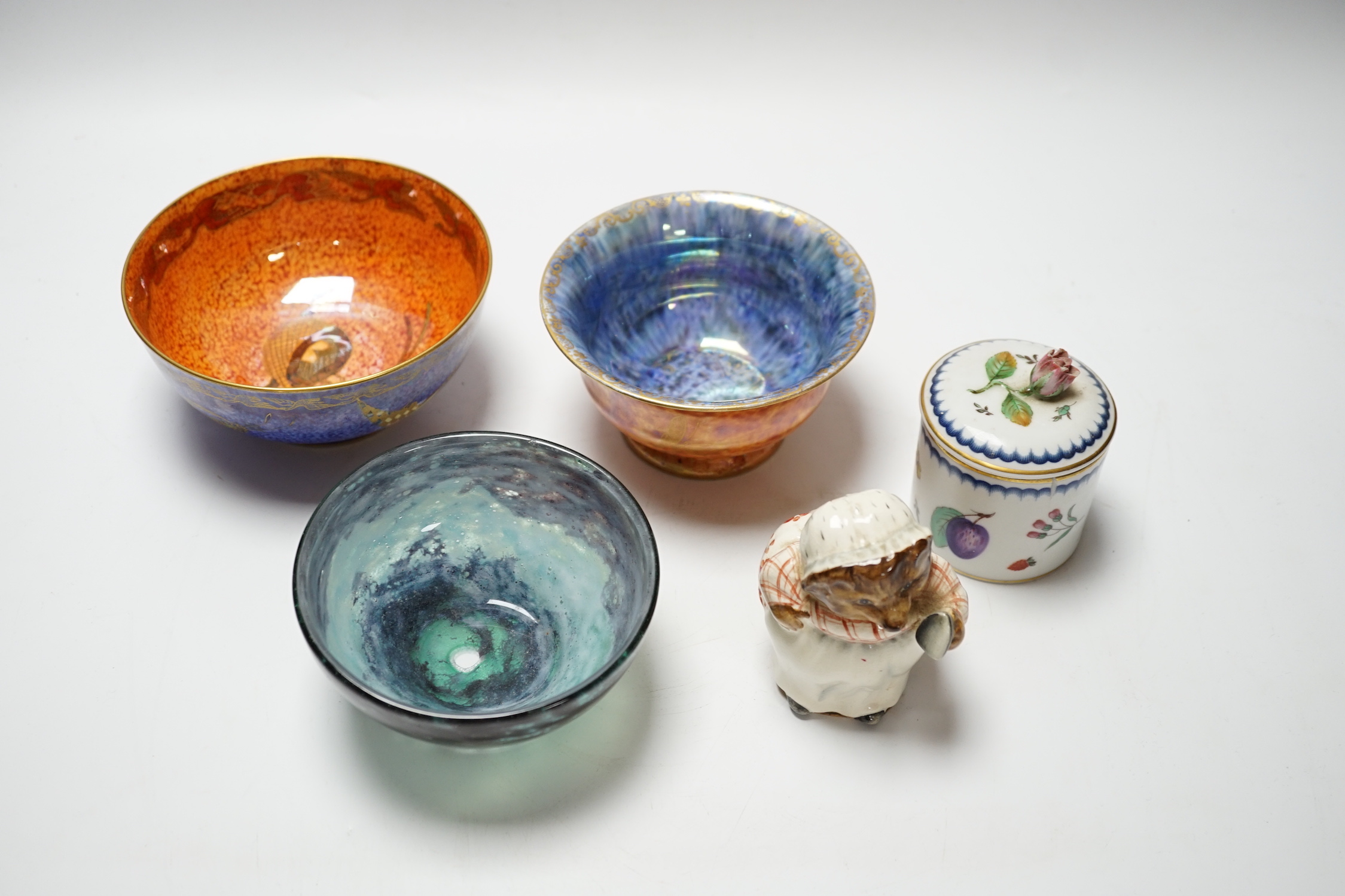 Two Wedgwood lustre bowls, a Vasart type glass bowl and two other items comprising Beatrix potter figure and Italian porcelain pot and cover, largest 13cm in diameter
